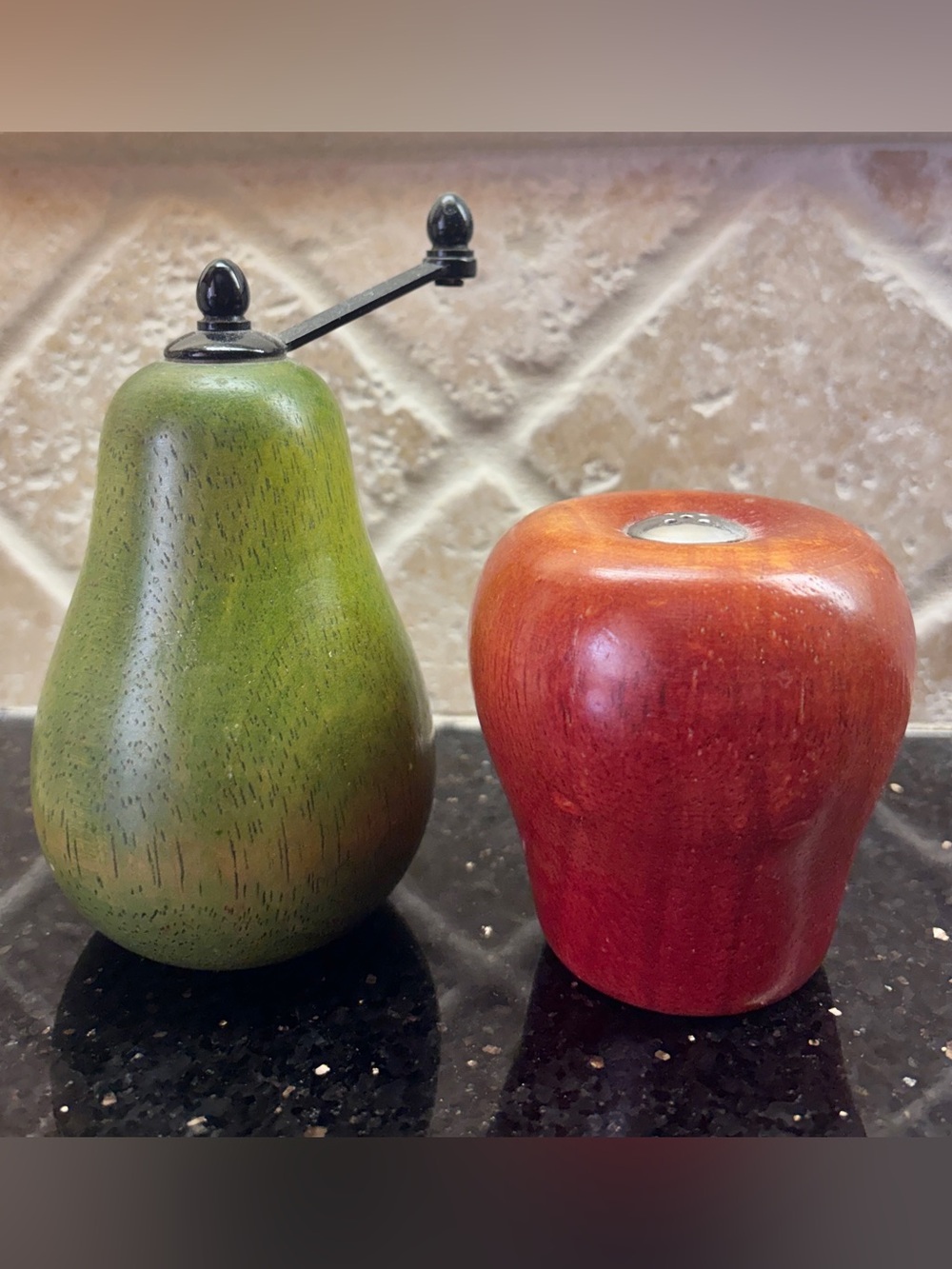 Vintage Solid Wood Carved Pear and Apple Salt Shaker & Pepper Grinder Set
